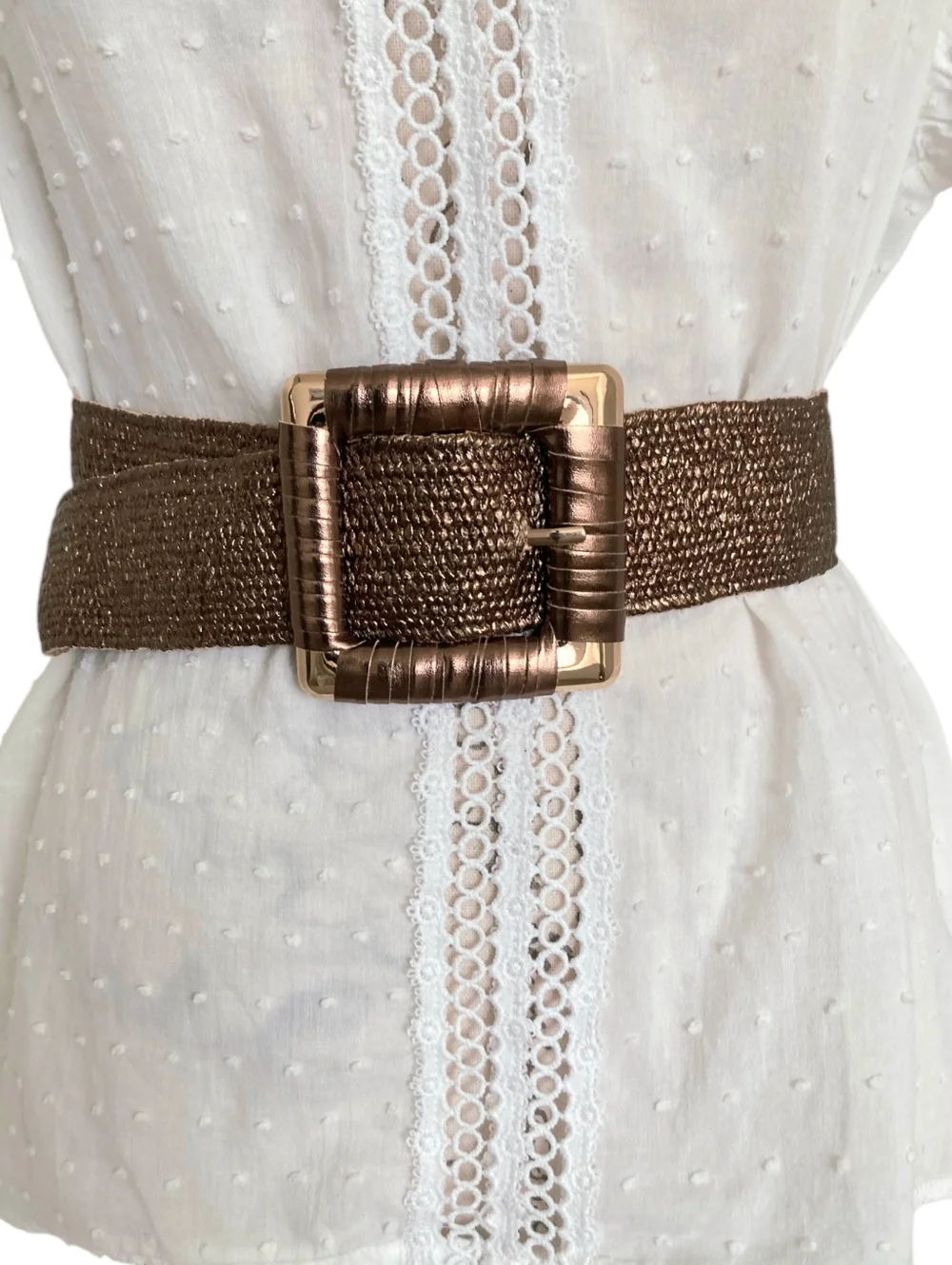 Corset Wide Woven Waist Belt Metallic Bronze Stretch Chunky Square Buckle S/M/L